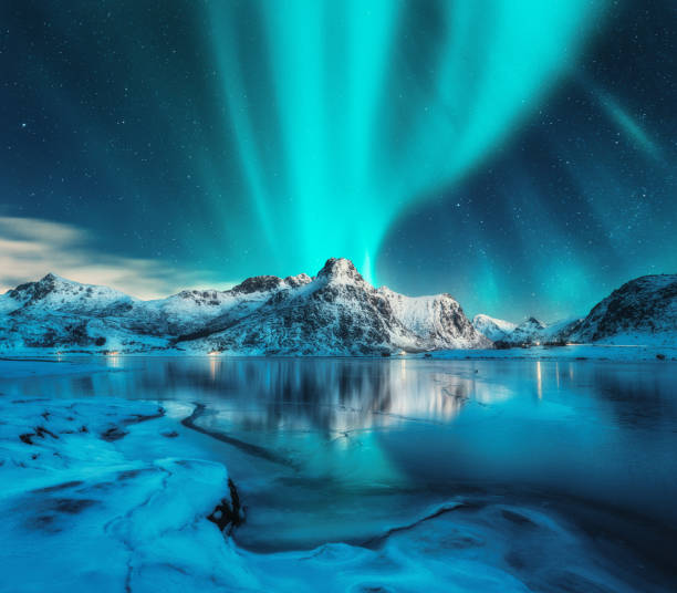 Icy landscape under Aurora Borealis